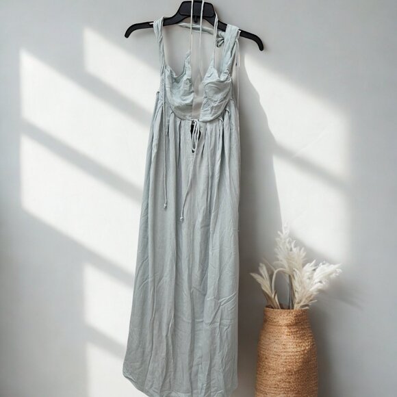 🤍 VICI Sage Green Maxi Dress – Flowy Tie-Front Boho Summer Style (Small) - Picture 1 of 7